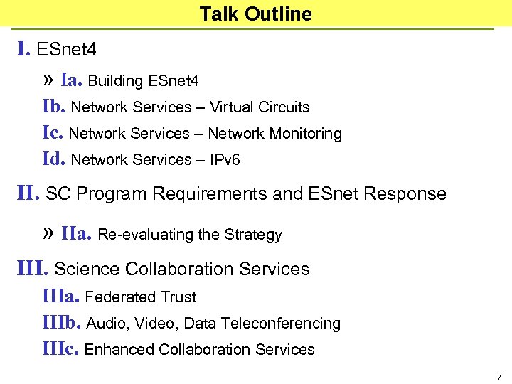 Talk Outline I. ESnet 4 » Ia. Building ESnet 4 Ib. Network Services –