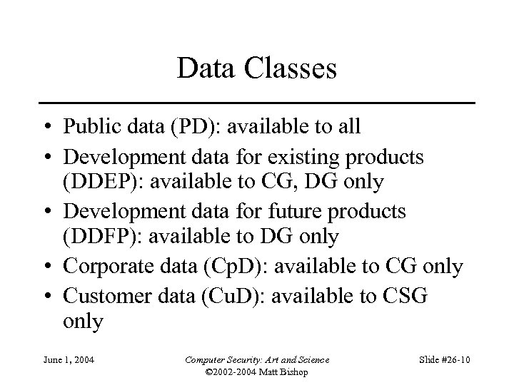Data Classes • Public data (PD): available to all • Development data for existing