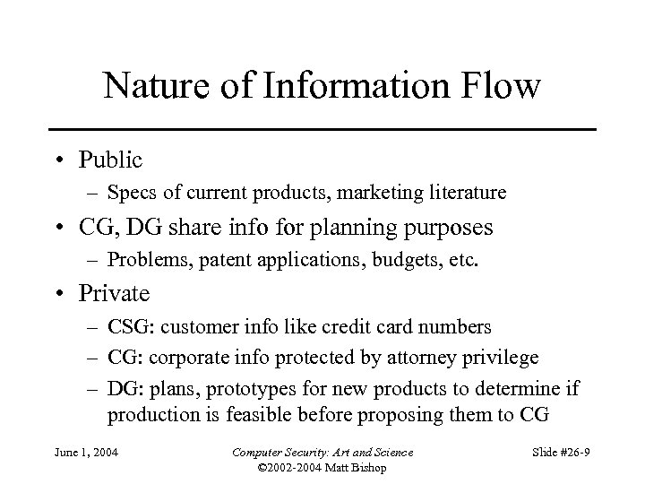 Nature of Information Flow • Public – Specs of current products, marketing literature •