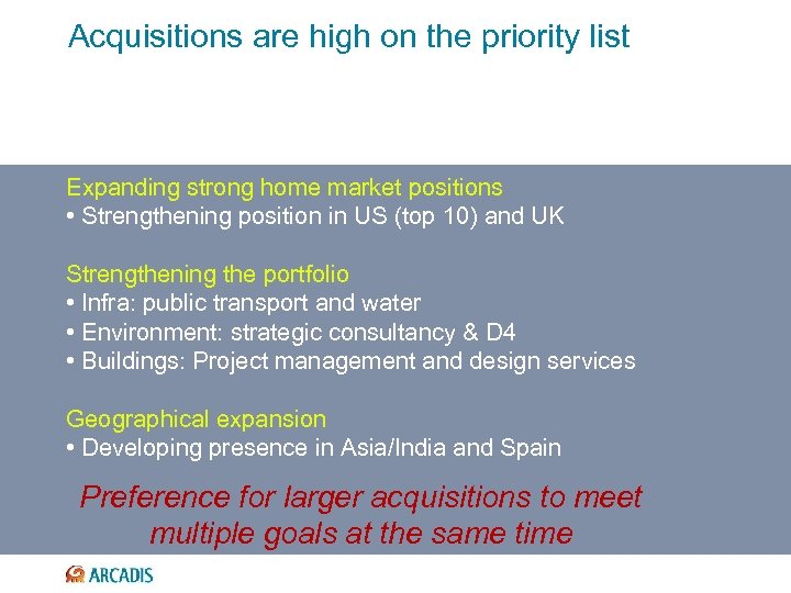 Acquisitions are high on the priority list Expanding strong home market positions • Strengthening