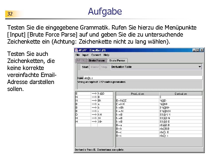 32 Aufgabe Testen Sie die eingegebene Grammatik. Rufen Sie hierzu die Menüpunkte [Input] [Brute