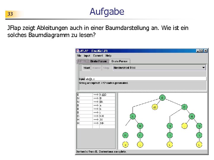 33 Aufgabe JFlap zeigt Ableitungen auch in einer Baumdarstellung an. Wie ist ein solches