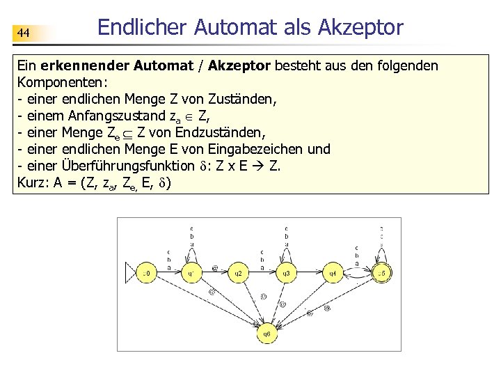 44 Endlicher Automat als Akzeptor Ein erkennender Automat / Akzeptor besteht aus den folgenden