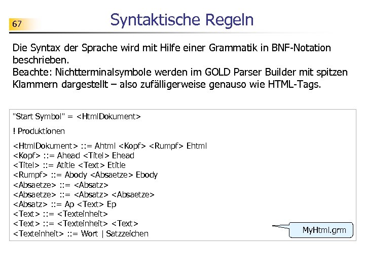 67 Syntaktische Regeln Die Syntax der Sprache wird mit Hilfe einer Grammatik in BNF-Notation