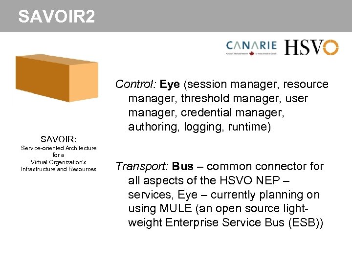 SAVOIR 2 Control: Eye (session manager, resource manager, threshold manager, user manager, credential manager,