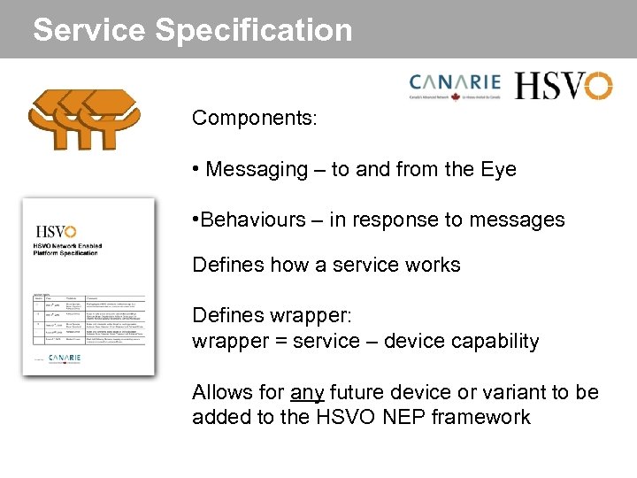 Service Specification Components: • Messaging – to and from the Eye • Behaviours –