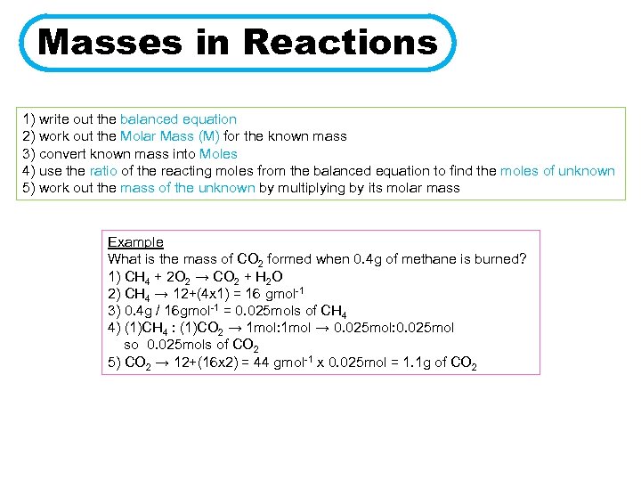 Masses in Reactions 1) write out the balanced equation 2) work out the Molar