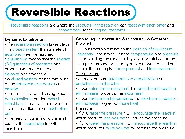 Reversible Reactions Reversible reactions are where the products of the reaction can react with