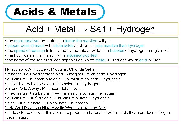 Acids & Metals Acid + Metal → Salt + Hydrogen • the more reactive