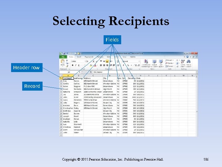 Selecting Recipients Fields Header row Record Copyright © 2011 Pearson Education, Inc. Publishing as