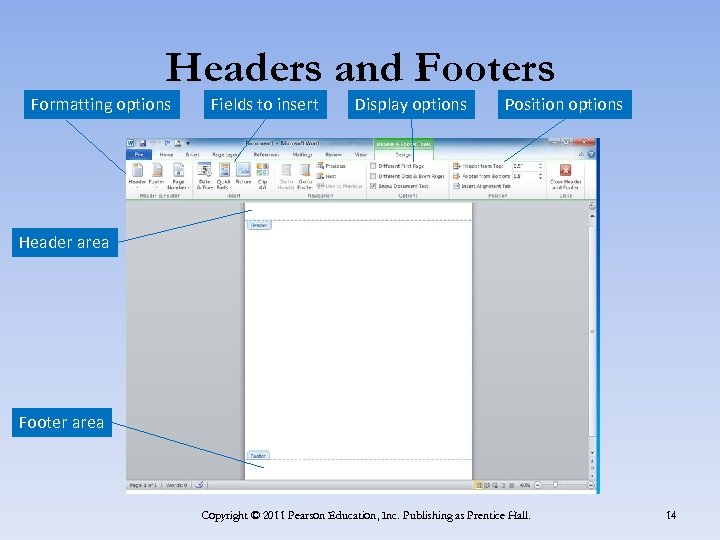 Headers and Footers Formatting options Fields to insert Display options Position options Header area