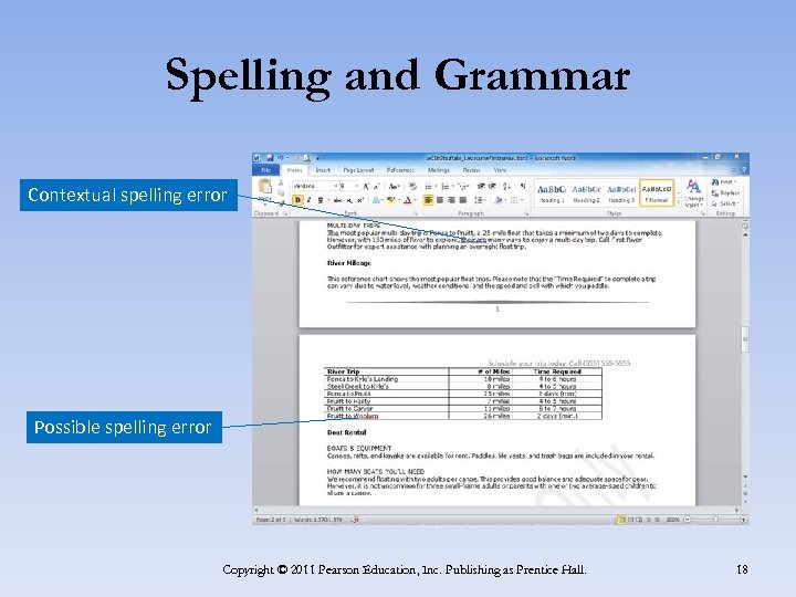Spelling and Grammar Contextual spelling error Possible spelling error Copyright © 2011 Pearson Education,