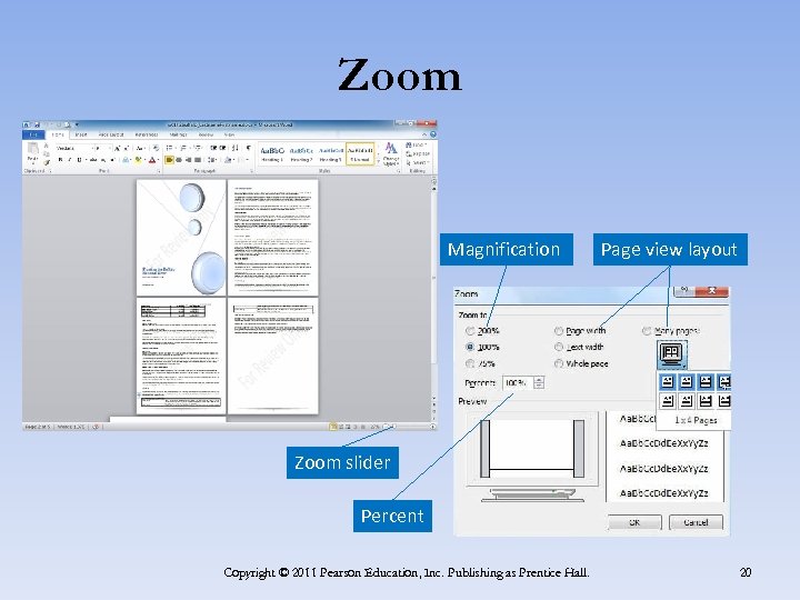 Zoom Magnification Page view layout Zoom slider Percent Copyright © 2011 Pearson Education, Inc.