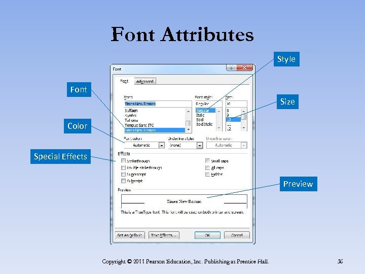 Font Attributes Style Font Size Color Special Effects Preview Copyright © 2011 Pearson Education,