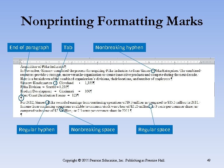Nonprinting Formatting Marks End of paragraph Regular hyphen Tab Nonbreaking hyphen Nonbreaking space Regular
