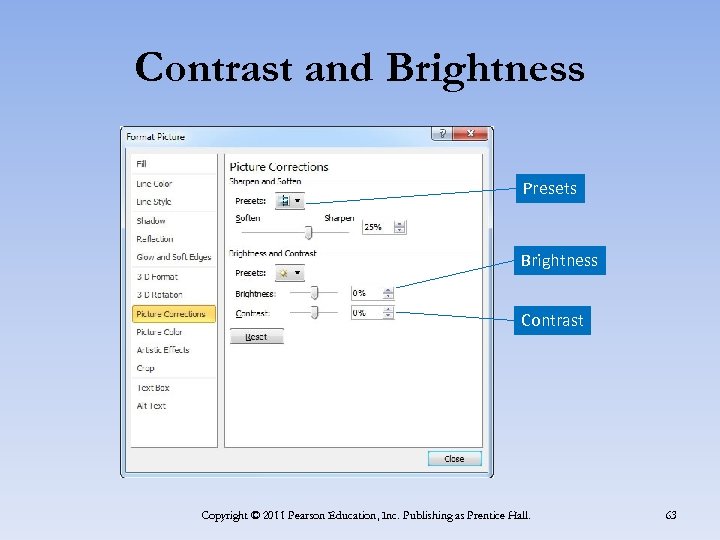 Contrast and Brightness Presets Brightness Contrast Copyright © 2011 Pearson Education, Inc. Publishing as