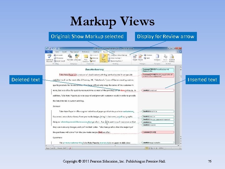 Markup Views Original: Show Markup selected Display for Review arrow Deleted text Inserted text