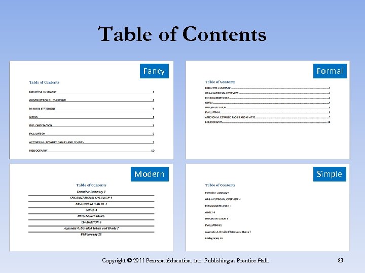 Table of Contents Fancy Formal Modern Simple Copyright © 2011 Pearson Education, Inc. Publishing