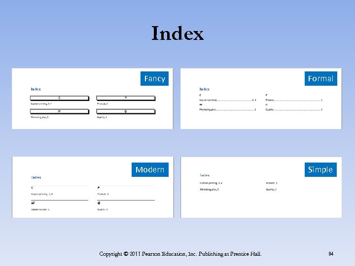 Index Fancy Formal Modern Simple Copyright © 2011 Pearson Education, Inc. Publishing as Prentice