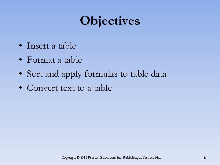 Objectives • • Insert a table Format a table Sort and apply formulas to