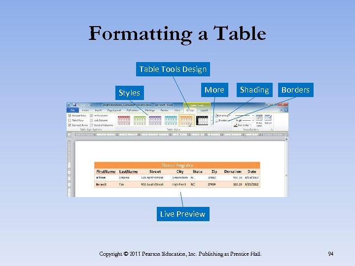 Formatting a Table Tools Design Styles More Shading Borders Live Preview Copyright © 2011