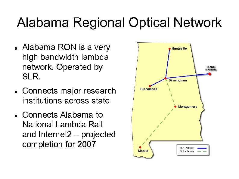 Alabama Regional Optical Network Alabama RON is a very high bandwidth lambda network. Operated