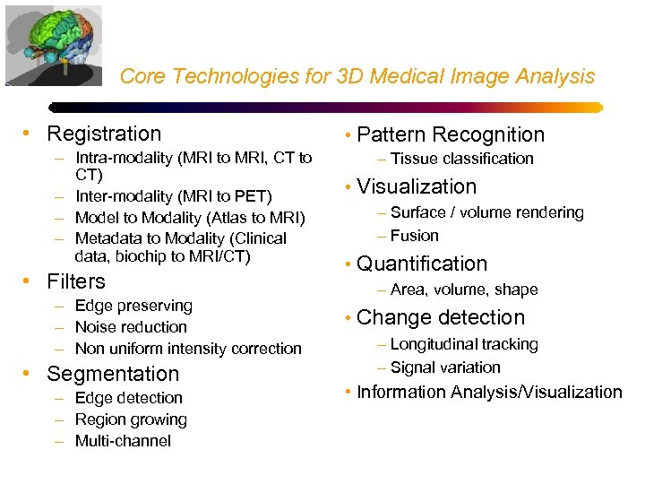 Core Technologies for 3 D Medical Image Analysis • Registration – Intra-modality (MRI to