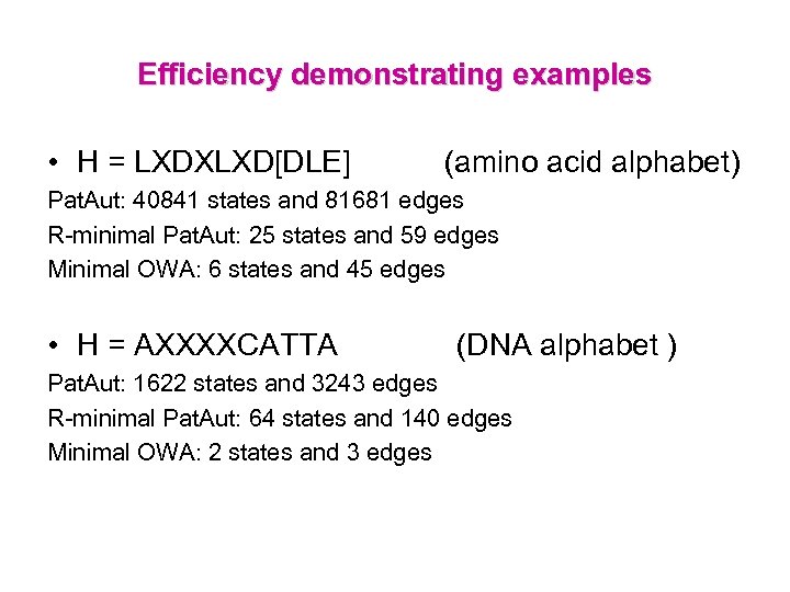 Efficiency demonstrating examples • H = LXDXLXD[DLE] (amino acid alphabet) Pat. Aut: 40841 states