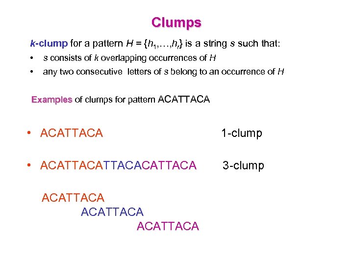 Clumps k-clump for a pattern H = {h 1, …, hr} is a string