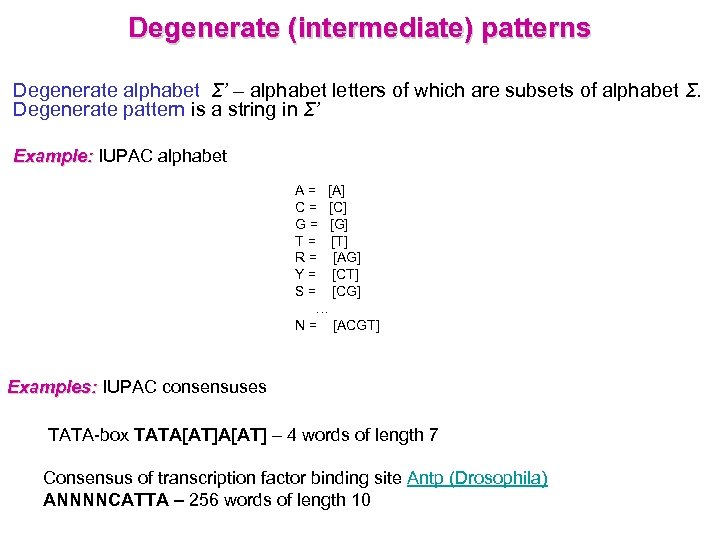 Degenerate (intermediate) patterns Degenerate alphabet Σ’ – alphabet letters of which are subsets of