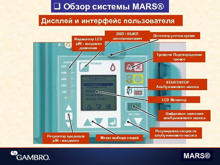 q Обзор системы MARS® Дисплей и интерфейс пользователя Индикатор LED p. IN - входного