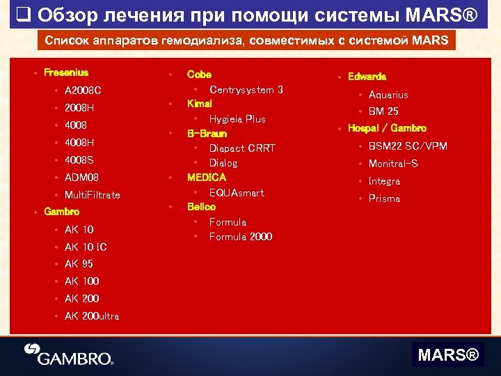 q Обзор лечения при помощи системы MARS® Список аппаратов гемодиализа, совместимых с системой MARS