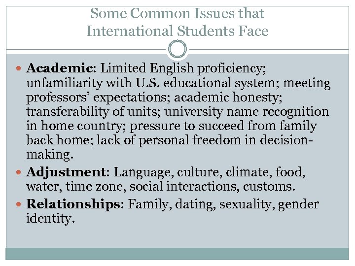 Some Common Issues that International Students Face Academic: Limited English proficiency; unfamiliarity with U.