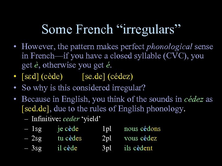 Some French “irregulars” • However, the pattern makes perfect phonological sense in French—if you