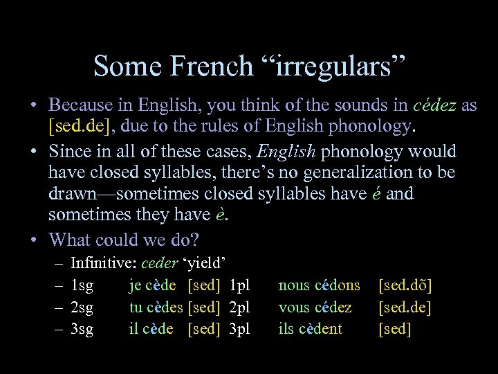 Some French “irregulars” • Because in English, you think of the sounds in cédez
