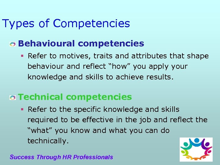 Types of Competencies Behavioural competencies § Refer to motives, traits and attributes that shape