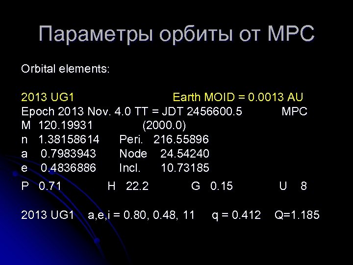 Параметры орбиты от MPC Orbital elements: 2013 UG 1 Earth MOID = 0. 0013