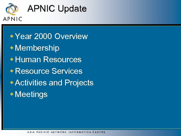 APNIC Update w Year 2000 Overview w Membership w Human Resources w Resource Services