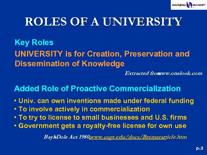 ROLES OF A UNIVERSITY Key Roles UNIVERSITY is for Creation, Preservation and Dissemination of