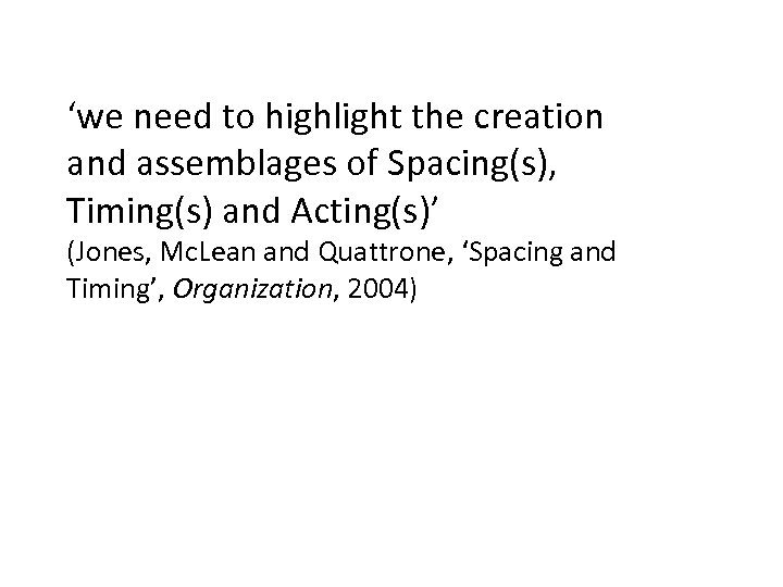 ‘we need to highlight the creation and assemblages of Spacing(s), Timing(s) and Acting(s)’ (Jones,
