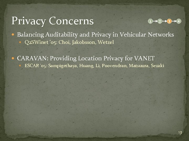 Privacy Concerns 1 2 3 4 Balancing Auditability and Privacy in Vehicular Networks Q