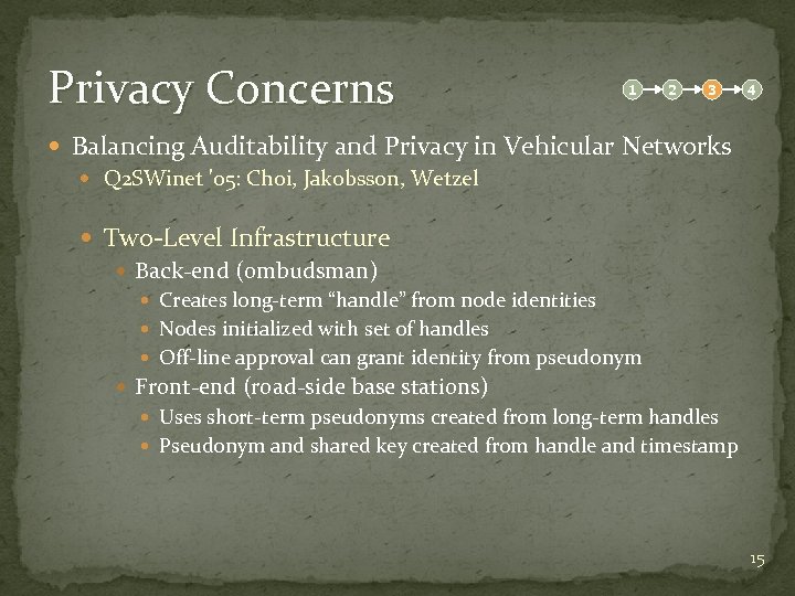 Privacy Concerns 1 2 3 4 Balancing Auditability and Privacy in Vehicular Networks Q