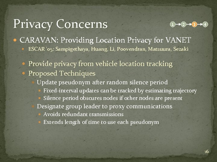 Privacy Concerns 1 2 3 4 CARAVAN: Providing Location Privacy for VANET ESCAR '05: