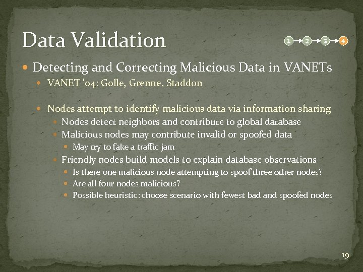 Data Validation 1 2 3 4 Detecting and Correcting Malicious Data in VANETs VANET