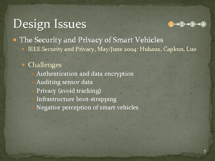 Design Issues 1 2 3 4 The Security and Privacy of Smart Vehicles IEEE