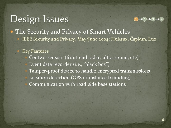 Design Issues 1 2 3 4 The Security and Privacy of Smart Vehicles IEEE