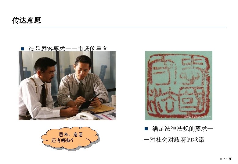 传达意愿 ¾ 满足顾客要求——市场的导向 思考：意愿 还有哪些？ ¾ 满足法律法规的要求— —对社会对政府的承诺 第 13 页 