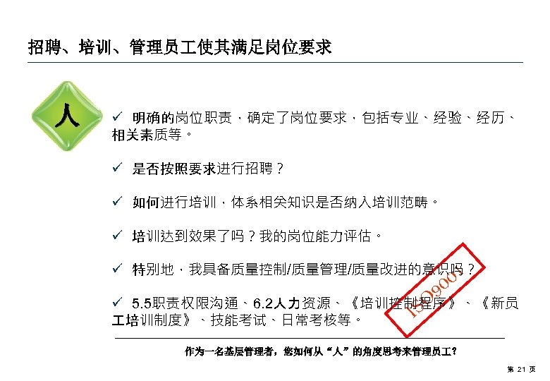 招聘、培训、管理员 使其满足岗位要求 人 ü 明确的岗位职责，确定了岗位要求，包括专业、经验、经历、 相关素质等。 ü 是否按照要求进行招聘？ ü 如何进行培训，体系相关知识是否纳入培训范畴。 ü 培训达到效果了吗？我的岗位能力评估。 ü 特别地，我具备质量控制/质量管理/质量改进的意识吗？