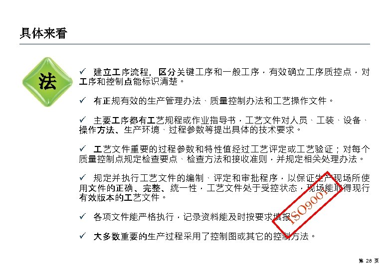 具体来看 法 ü 建立 序流程，区分关键 序和一般 序，有效确立 序质控点，对 序和控制点能标识清楚。 ü 有正规有效的生产管理办法、质量控制办法和 艺操作文件。 ü 主要
