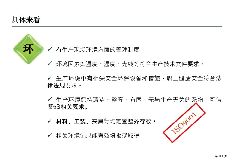 具体来看 环 ü 有生产现场环境方面的管理制度。 ü 环境因素如温度、湿度、光线等符合生产技术文件要求。 ü 生产环境中有相关安全环保设备和措施，职 健康安全符合法 律法规要求。 ü 生产环境保持清洁、整齐、有序，无与生产无关的杂物。可借 鉴 5